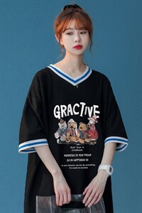 中性  春夏新款宽松复古卡通印花撞色螺纹短袖T恤女T6878 P40控58图片