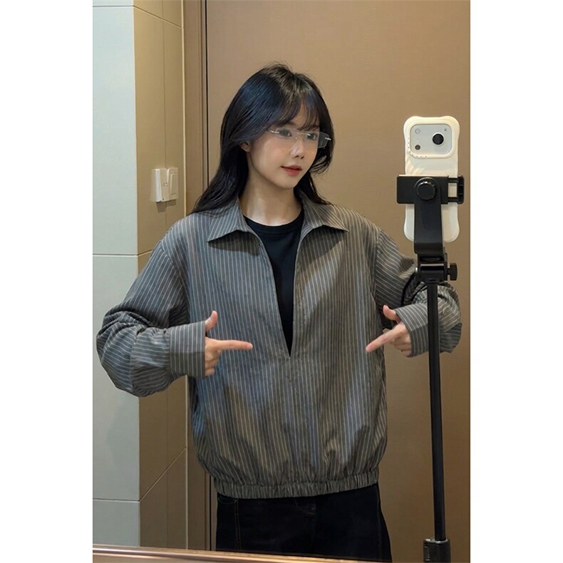 翻领拼接宽松衬衫美式复古假两件条纹衬衫HY921TP48控88,男装衬衫,电商A102B