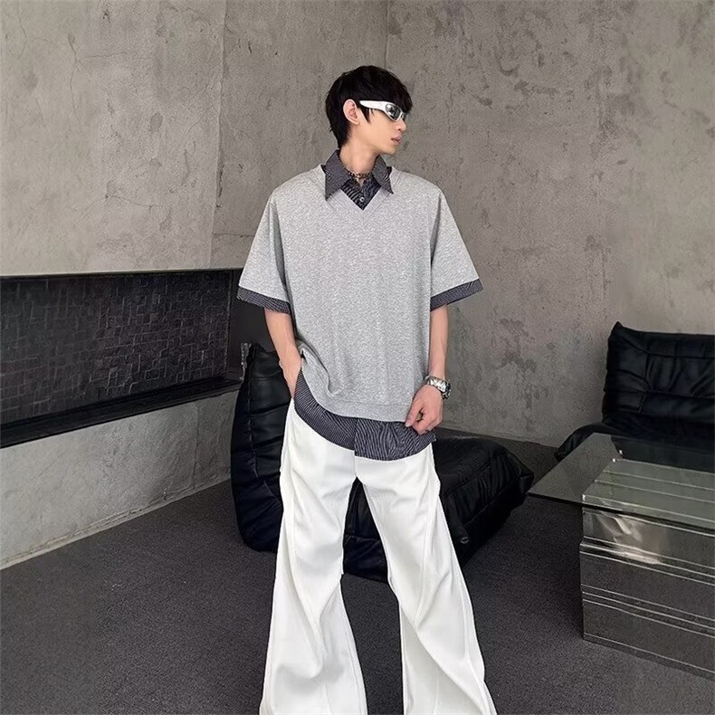 流行气质原宿慵懒新款日系潮流简约时尚小众假两件拼接条纹领T恤,男装T恤,星座506A
