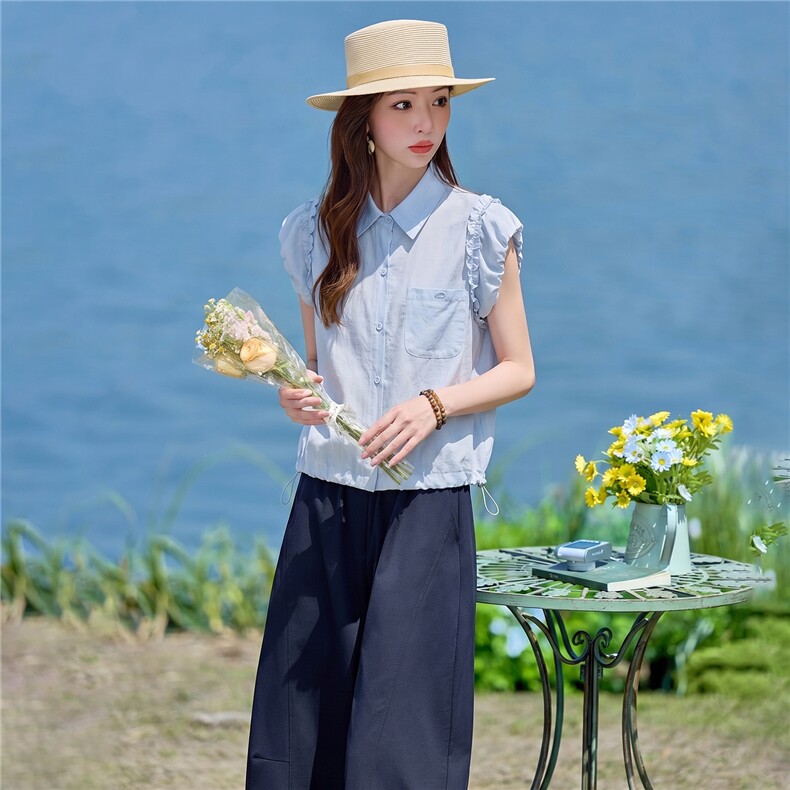 2026年夏季新款木耳边甜美衬衫阔腿裤两件套套装女,女装套装/套裙,依路服饰
