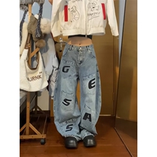 小众美式覆古字母刺绣多口袋工装牛仔裤男女宽松阔腿弯刀裤，男装牛仔裤，四季星座505