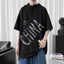 LD54208-P45连帽短袖t恤男大码胖子带帽五分袖中袖，男装T恤，电商A040