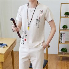 夏季风男士短袖T恤大码宽松亚麻短袖男棉麻刺绣套装TZ022，男装T恤，星座509