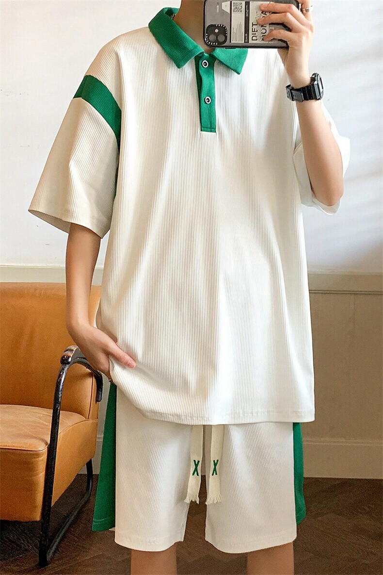 现货主推青少年大码港风情侣翻领polo五分裤休闲套装男S14P60,男装牛仔裤,电商B226-2（原B217-2）