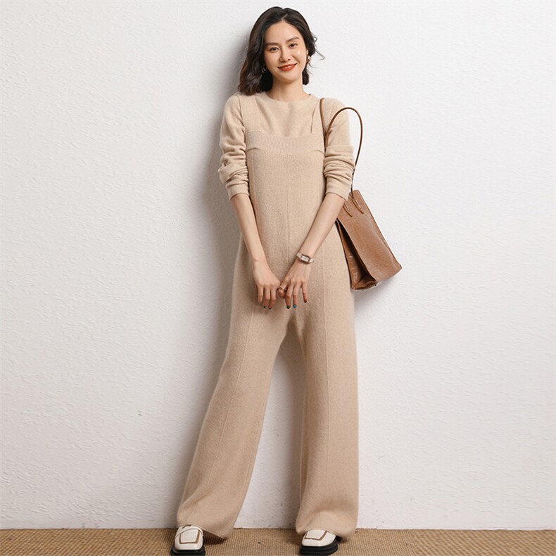 山羊绒衫2024秋冬新款女装高腰针织阔腿背带裤休闲减龄裤子,女装休闲裤,五色羊羊绒