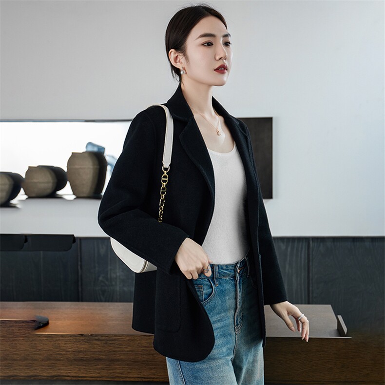 时尚百搭羊毛女士双面呢外套显瘦修身秋冬季新款大衣,女装双面呢大衣,岳达羊绒