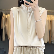 2025年秋季时尚百搭休闲简约百搭通勤缎面无袖木耳边，女装T恤，朝贺羊绒