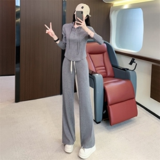 女秋季新款收腰显瘦半拉链连帽卫衣阔腿裤两件套，女装套装/套裙，江南