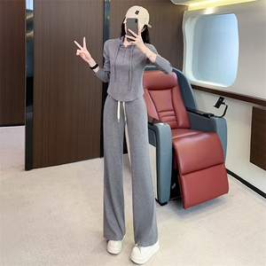 女秋季新款收腰显瘦半拉链连帽卫衣阔腿裤两件套图片