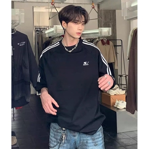 抖音得物高品质二开240克宽松纯棉美式潮牌三条杠织带短袖T恤图片