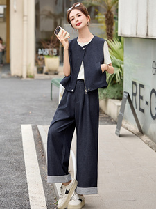 时尚条纹拼接休闲套装女2025夏新款洋气休闲马甲阔腿裤搭配一整套图片