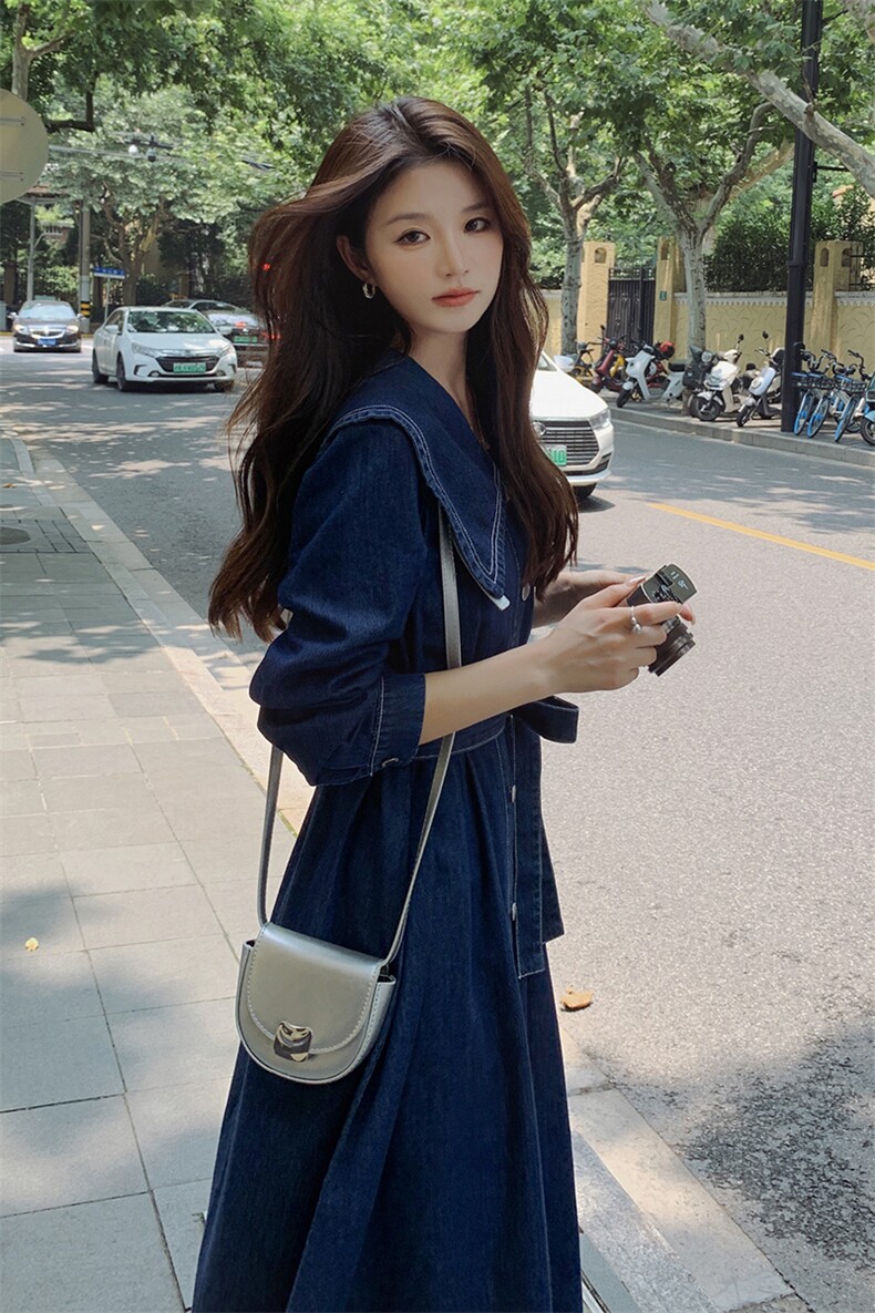 法式复古娃娃领牛仔连衣裙女春季2025新款收腰显瘦气质休闲长裙子,女装连衣裙,浙宝285（原212）