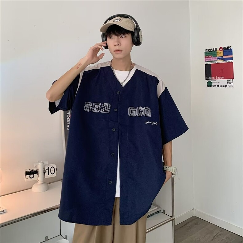 五分袖衬衫男款V领潮流冰丝中袖新款夏季高级感半袖上衣LS646 P34图片