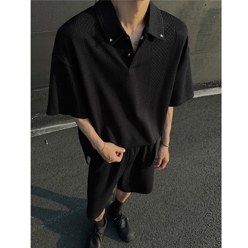 肌理感短袖POLO衫两件套宽松短袖短裤运动套装男H1092特P65，男装Polo衫，电商A341