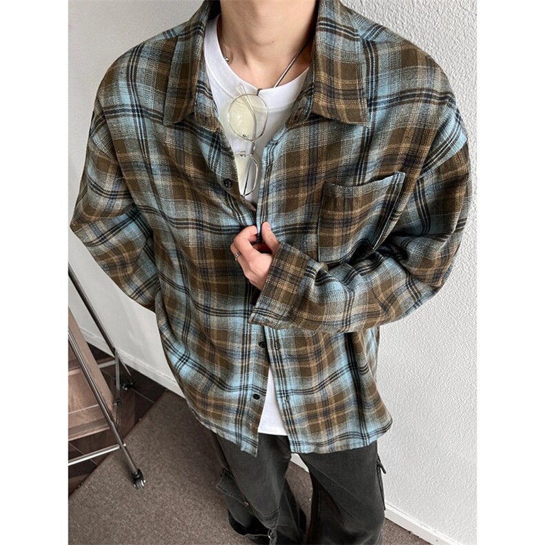 网图高街复古格子衬衫长袖宽松衬衣美式休闲外套A025-BC6011-P33，男装衬衫，电商A025