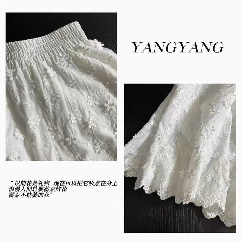 重工立体花朵白色半身裙女春夏韩系裙子高腰显瘦大摆a字长裙子,女装半身裙,织己羊绒