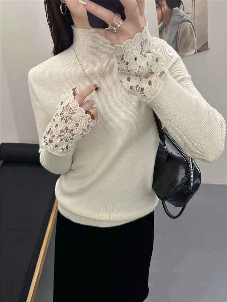 2025年秋季常规通勤套头单件长袖蕾丝半高，女装针织衫/毛衣，暖烁特种纱工厂店