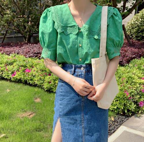 刺绣棉翻领花边衬衣，女装，新袖