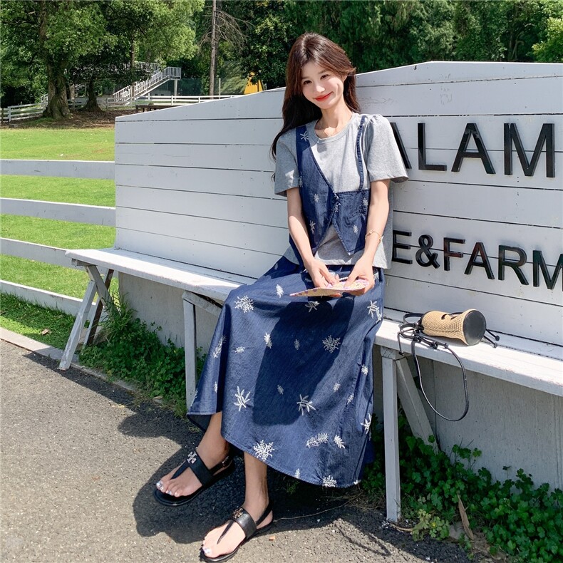 新款2025夏季韩系假两件刺绣马甲半身裙套装6109-P165-K238,女装套装/套裙,2C057