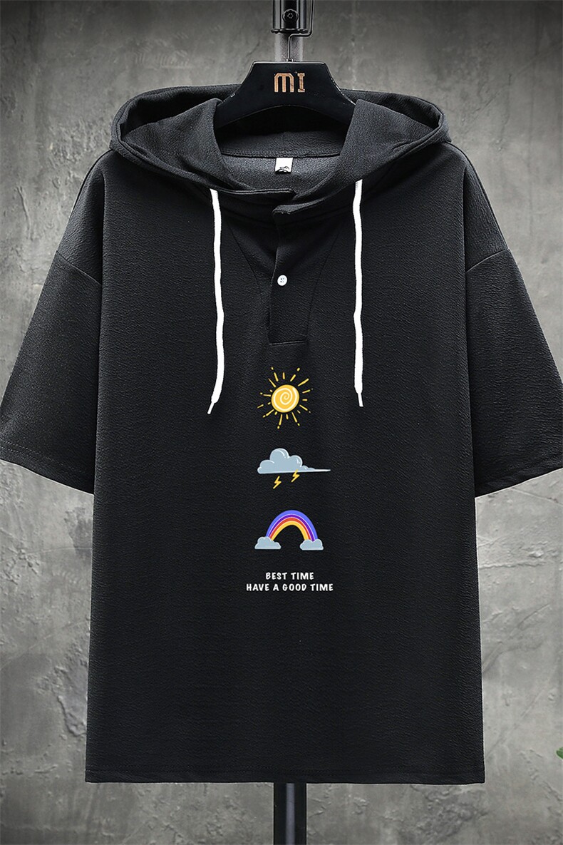 LD54141-P45连帽短袖t恤男大码胖子带帽五分袖中袖展架,男装T恤,电商A040A
