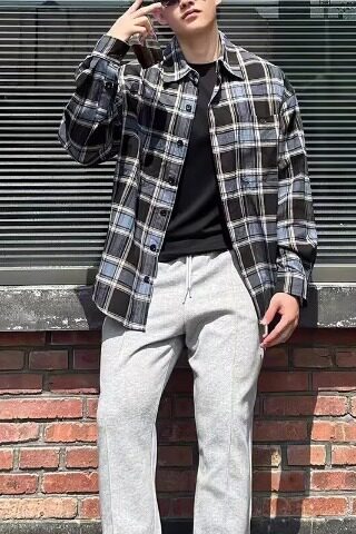 GS6132P34日系港风复古翻领长袖格子衬衫外套男宽松时尚百搭休闲,男装衬衫,星座1108-5