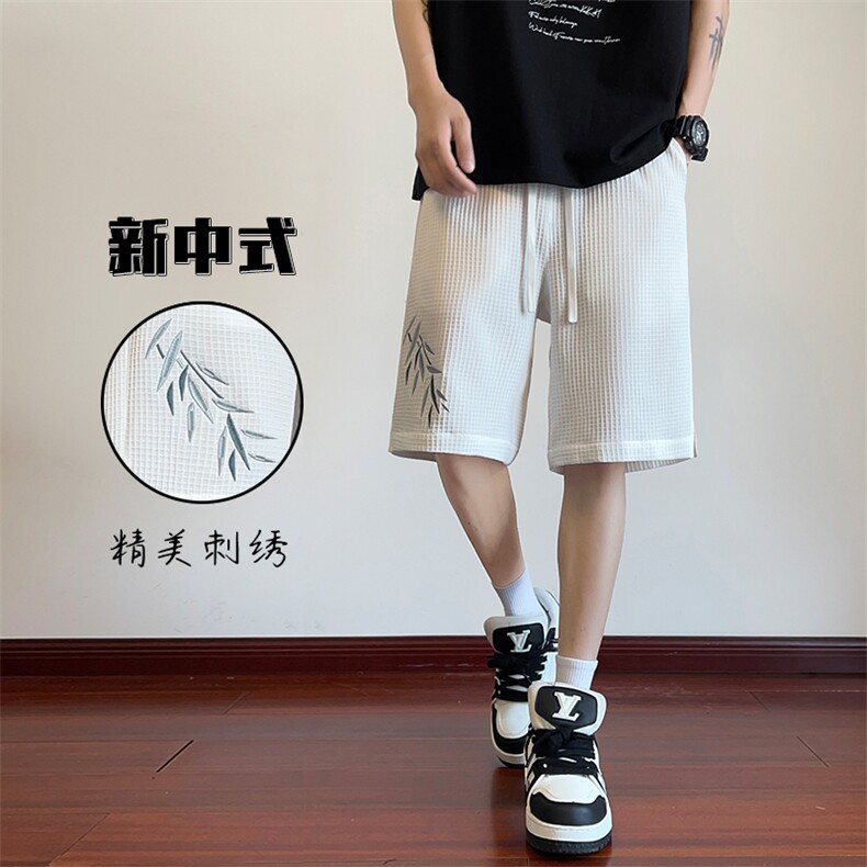 特批P25无差价夏季新中式格子短裤竹叶刺绣高级感五分裤男DK2158图片