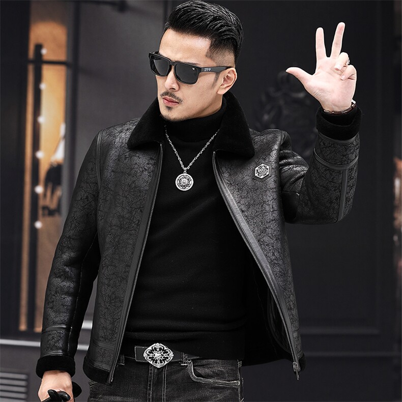 2023新款皮毛一体皮衣男羊毛外套商务休闲男装短款翻领P650,男装皮衣,电商B360