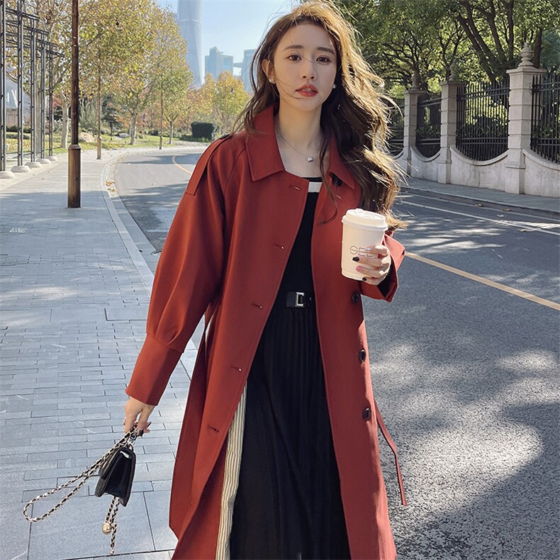 轻熟风红色风衣外套女春秋2025新款中长款英伦风气质爆款大衣洋气，女装风衣，姿衣轩