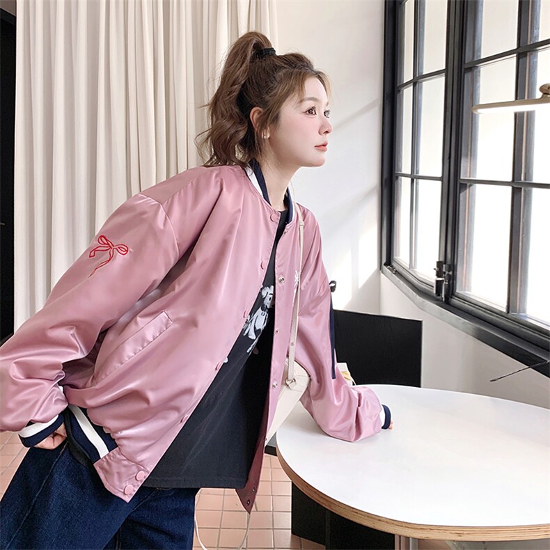 粉色蝴蝶结立领棒球服外套女2025年春秋季韩系学院风显瘦夹克上衣,女装短外套,2C198