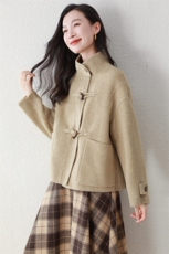 牛角扣双面羊毛大衣女秋冬新款立领短款宽松羊毛呢外套，女装毛呢外套，阿舍尔精品