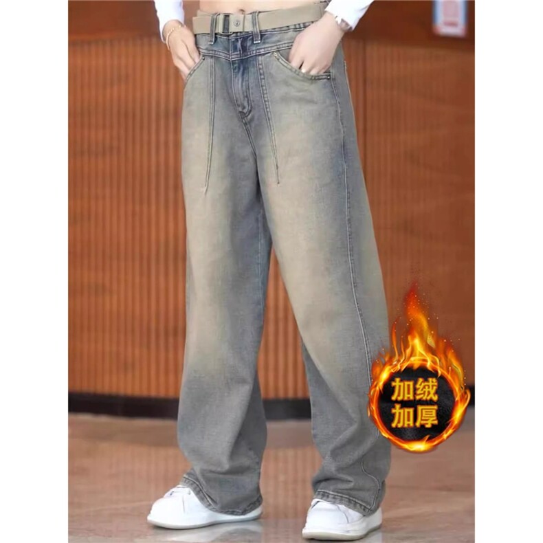 浅蓝色加绒牛仔裤2025冬季新款百搭高腰宽松窄版高级感直筒裤子，男装牛仔裤，星座506A