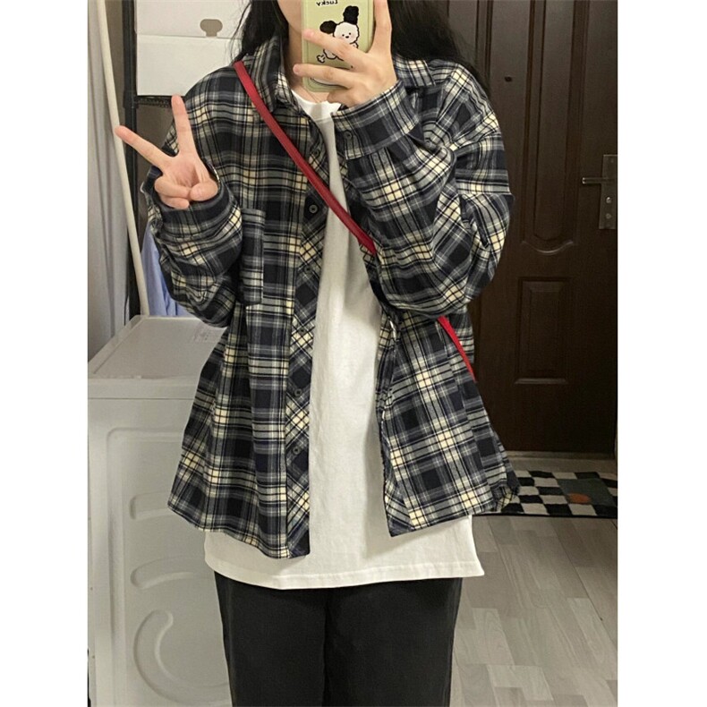 蓝色藏青格子衬衫男美式复古长袖衬衣春季情侣装V3211-P38,男装衬衫,星座1007（原301D）