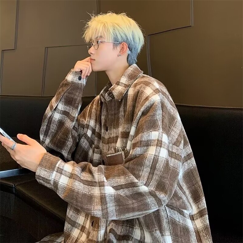 SS34撞色洋气格子磨毛衬衫外套男女新款韩版中长款中性开衫上衣,男装衬衫,星座308A-1（原309B-1）