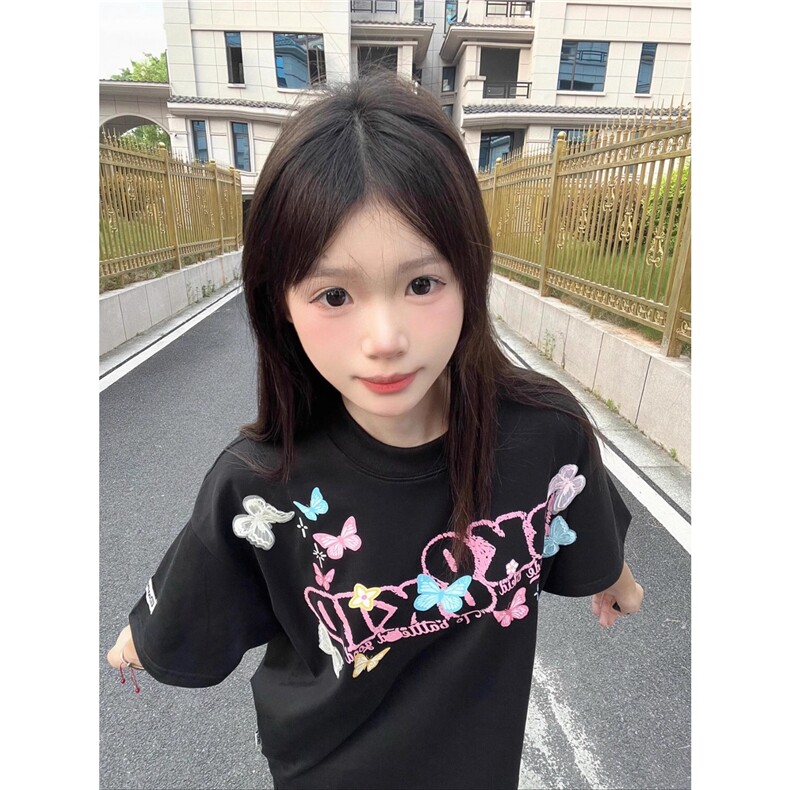 夏季新款美式复古潮牌立体蝴蝶字母短袖T恤男女情侣宽松半袖衫,男装T恤,星座506A
