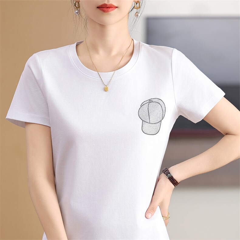 烫钻帽子工艺丝光棉圆领短袖女夏装新款冰丝T恤显瘦修身打底上衣，女装T恤，元素羊绒