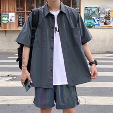 痞帅短袖衬衫嘻哈暗黑反光镭射T恤运动裤套装tz02裤子p60衬衫p85，男装套装，电商B288