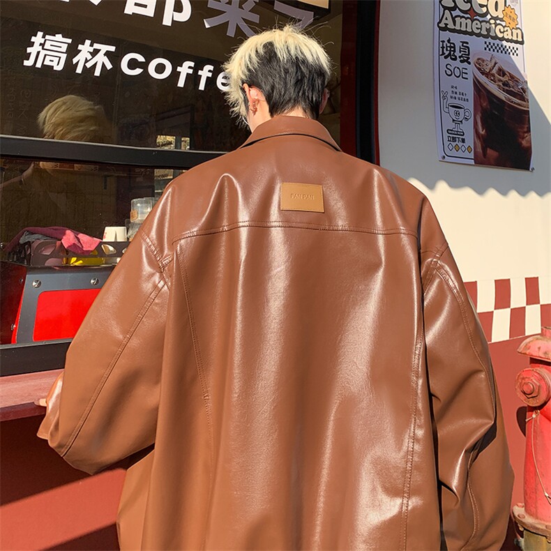 2026春装新款宽松贴标PU皮衣夹克机车男外套PY666/特P65咖啡,男装夹克,电商A094