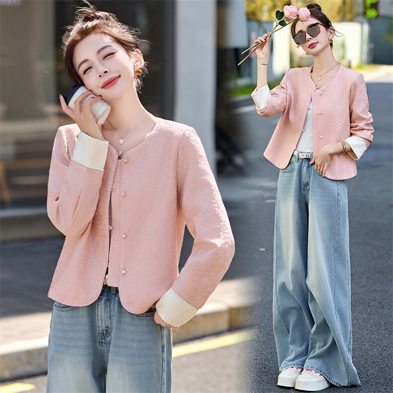 新中式国风粉色短外套女2025春新款小个子高级感独特漂亮百搭上衣，女装短外套，橙子家