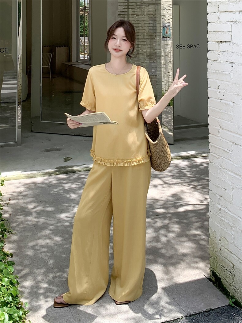 木耳边拼接短袖T恤套装女夏新款时尚慵懒风高腰阔腿裤穿搭两件套,女装套装/套裙,浙宝210（原浙宝191）