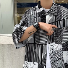 格纹肌理痞帅花衬衫男士2024夏宽松休闲短袖衬衣外套男CY785-P30，男装衬衫，星座412-3