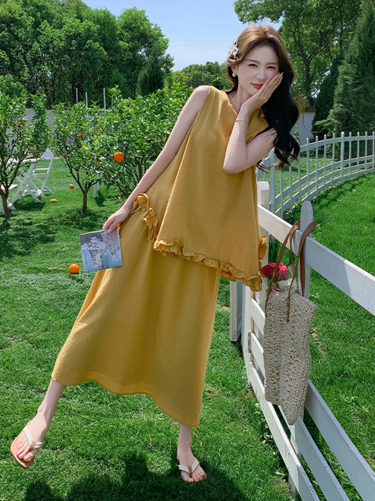 黄色度假浪漫风套装裙女2025夏季甜美气质木耳边背心半身裙两件套,女装套装/套裙,浙宝220