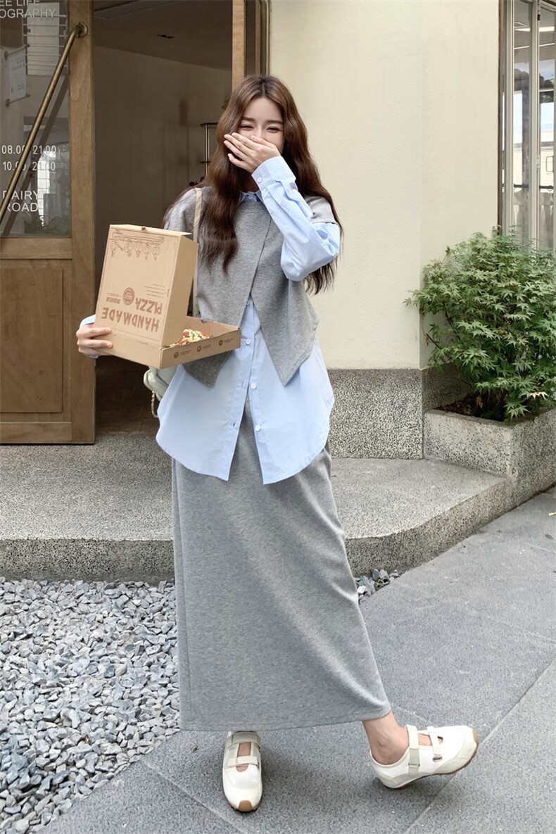 2025秋季新款休闲百搭不规则设计感宽松卫衣马甲衬衫半身裙三件套,女装套装/套裙,2C053
