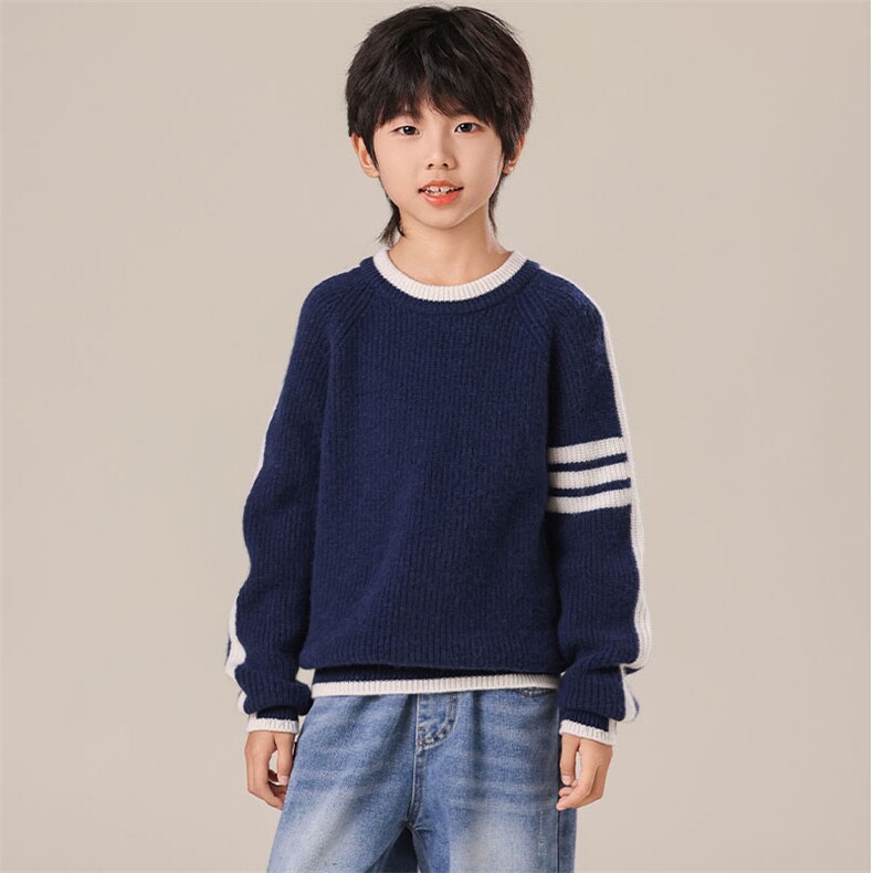 秋冬儿童羊绒衫35%羊绒保暖男女童百搭经典蓝白条纹柔软亲肤，童装儿童羊绒衫，群鹿羊绒