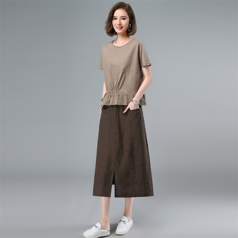 2025年夏季新款棉麻短袖套头两件套装,女装套装/套裙,简韵佳