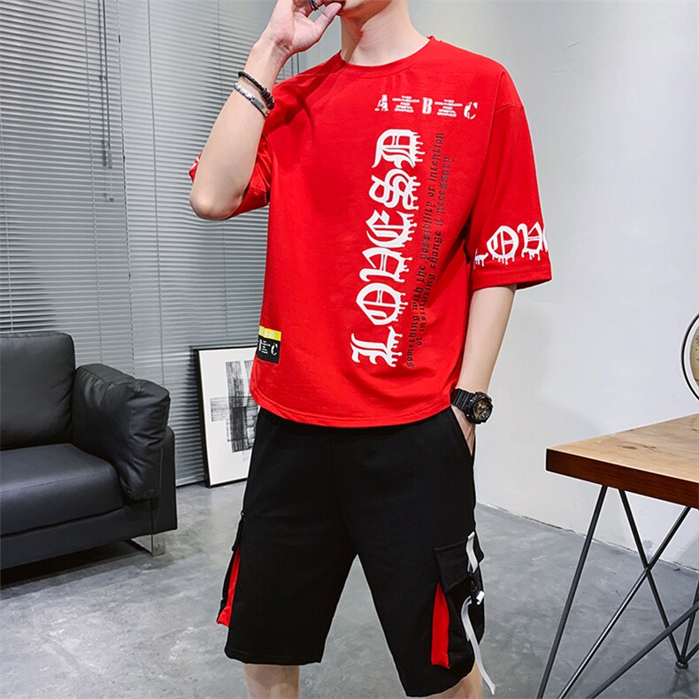 夏季新款短袖T恤套装运动休闲宽松潮流两件套男装F178P70,男装休闲套装,电商A086