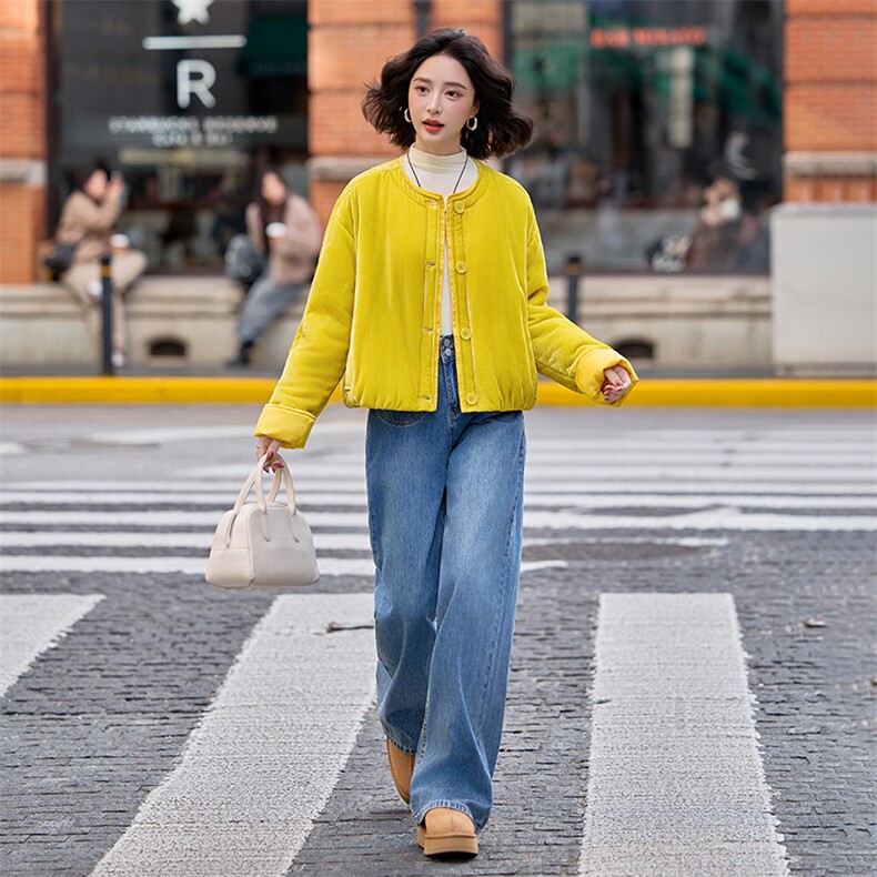 水衣源8815款冬季圆领短款宽松加棉丝绒棉服女纯色时尚外套,女装棉衣/棉服,水衣源