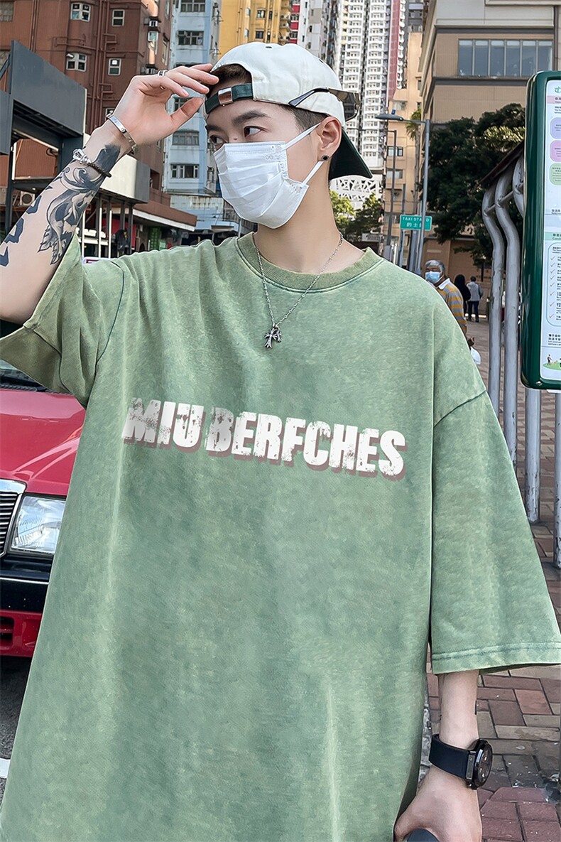 B239-1132-P38美式字母印花复古水洗做旧落肩袖短袖T恤上衣,男装T恤,星座514-2(原B239)