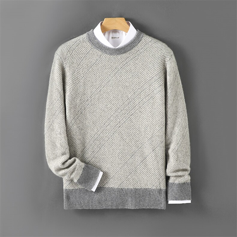 男士羊毛衫羊毛圆领长袖袖口领口拼色简约男装，男装羊毛衫，嘉日羊绒