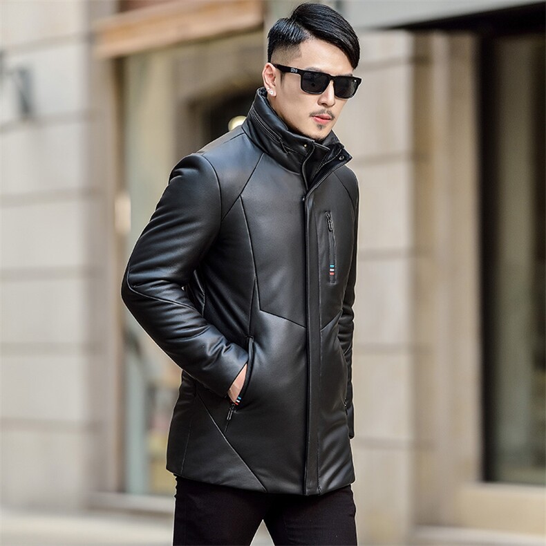 9022钱塘2020-1男士冬季高端商务中长款皮衣羽绒服图片
