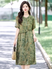 时尚休闲印花连衣裙女2025夏季新款宽松圆领木耳花边减龄碎花裙子，女装连衣裙，木橙西子